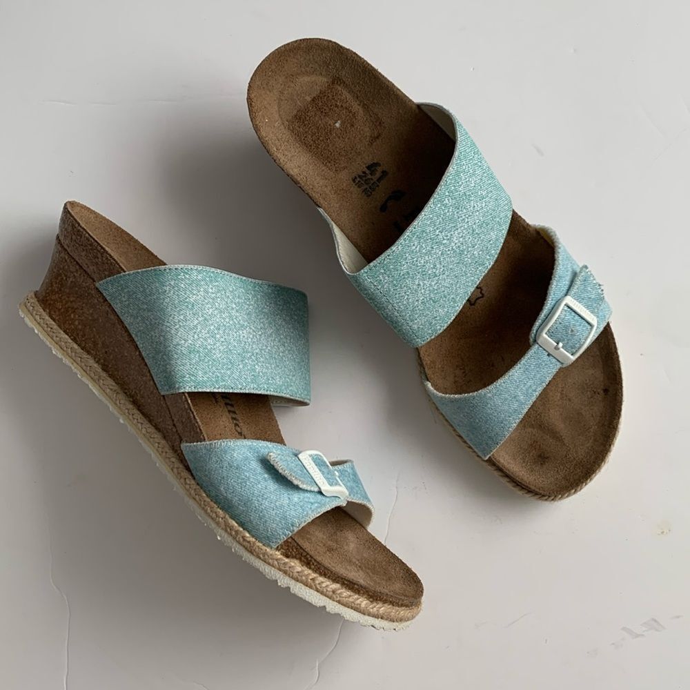 Birkenstock Blue and Tan Wedge Sandals
